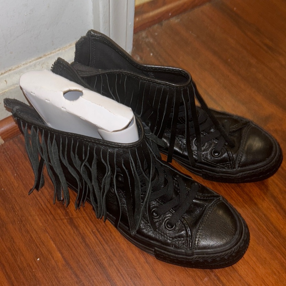 Converse Chuck Taylor Black Leather Fringe Sand Dune High Top Zip